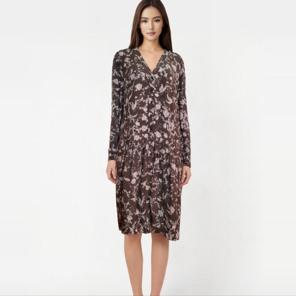 Garnet Hill viscose brown pink floral drop waist prairie peasant dress 8 NWOT